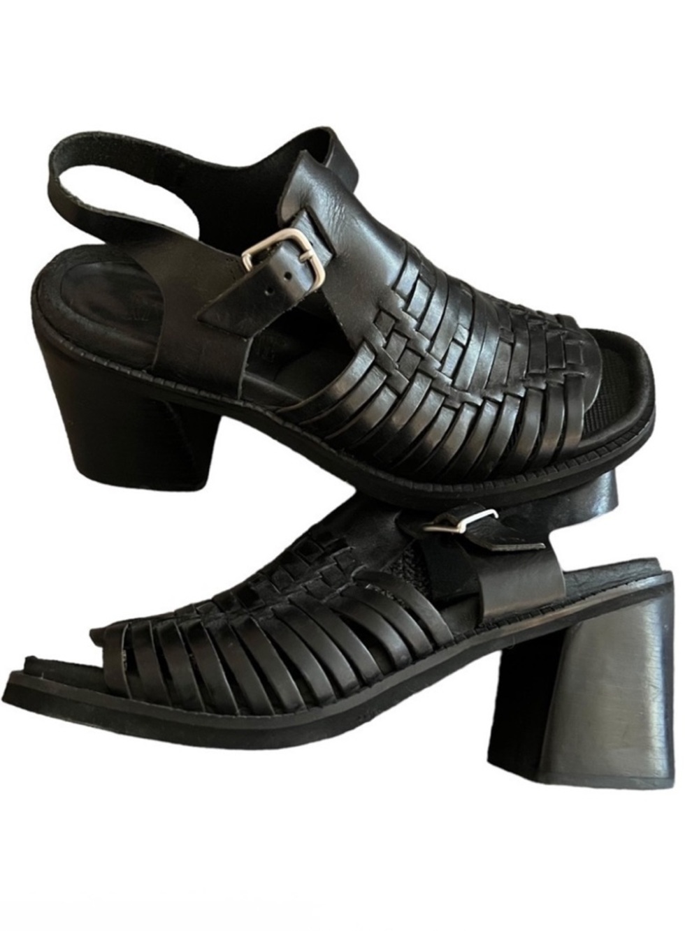 Riverstone Black Woven Leather Open Toe Chunky Block Heel Heeled Sandal 8.5
